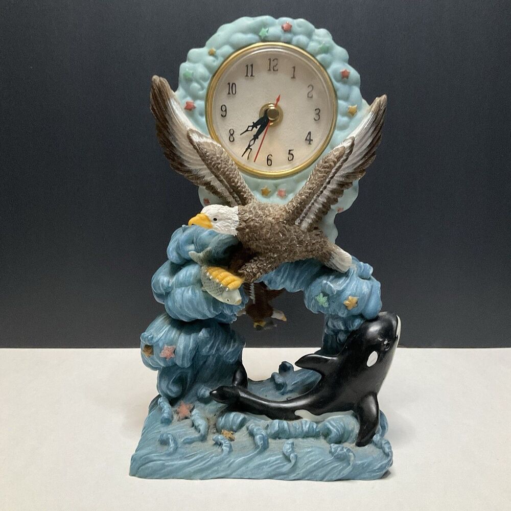Bald Eagle & Killer Whale Mantle Table Clock Quartz Ocean Pendulum - [READ]